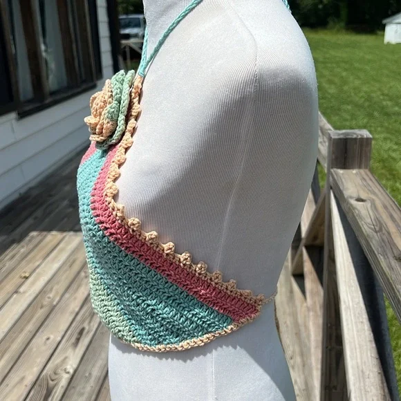 Crochet Halter Top with Floral Accent Handmade - Picture 3 of 5